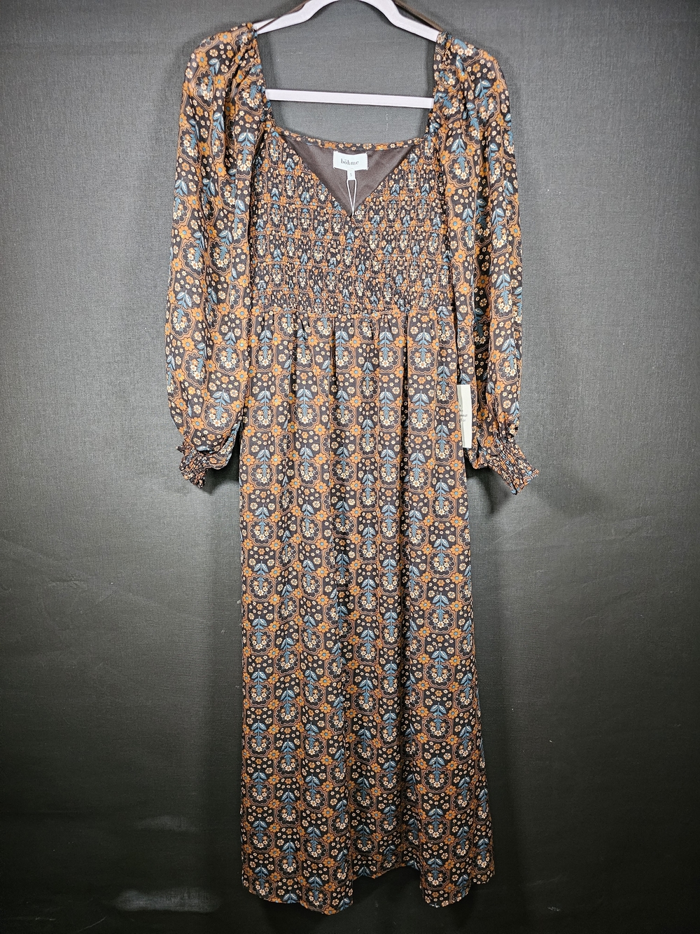 bohme Brown and Blue Floral Smocked Maxi Dress